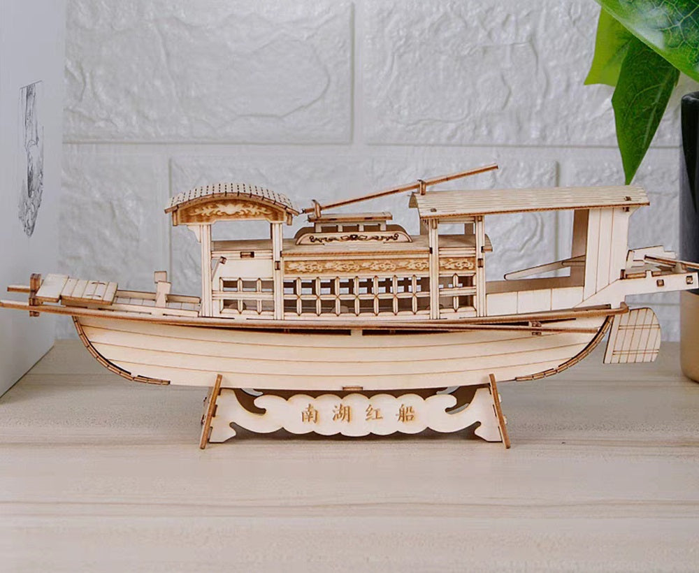 DIY South Lake Red Boat Wooden Puzzle – 3D Handmade Assembly Model Educational Toy Gift for Kids and Home Ornament Display
