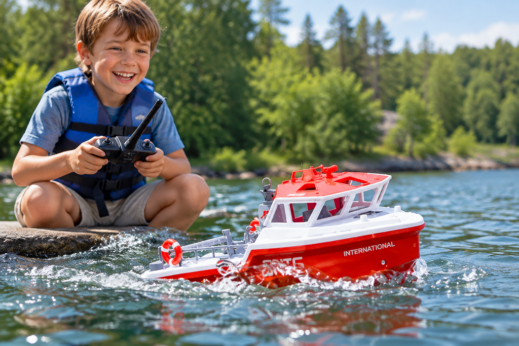 Brushless RC Rescue Boat – High-Speed Turbojet Waterproof Speedboat Simulation Model for Remote Control Racing, Water Adventures and Hobby Enthusiasts