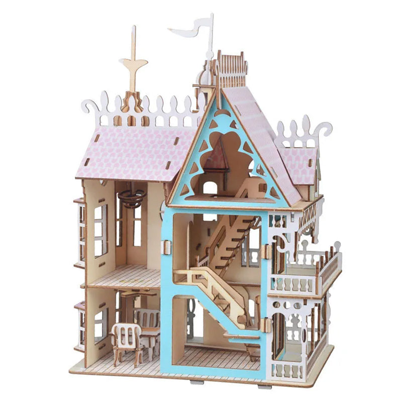 Miniature Villa Dollhouse 3D Puzzle – DIY Wooden Doll House Model with Furniture for Kids Pretend Play