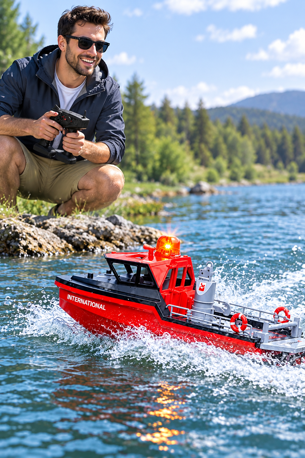Brushless RC Rescue Boat – High-Speed Turbojet Waterproof Speedboat Simulation Model for Remote Control Racing, Water Adventures and Hobby Enthusiasts