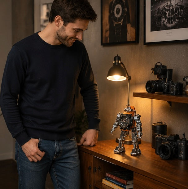 Mechanical Metal Watch Stand Model - 3D DIY Robot Building Kit for Creative Desktop Decoration and Unique Birthday Gift Display