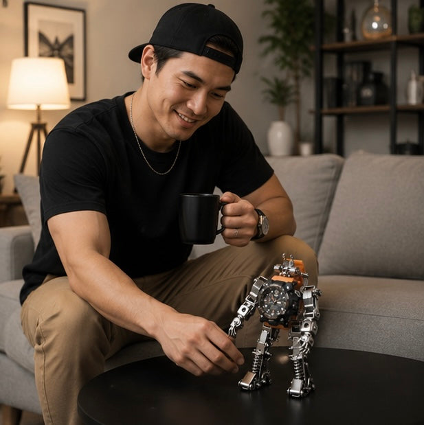 Mechanical Metal Watch Stand Model - 3D DIY Robot Building Kit for Creative Desktop Decoration and Unique Birthday Gift Display