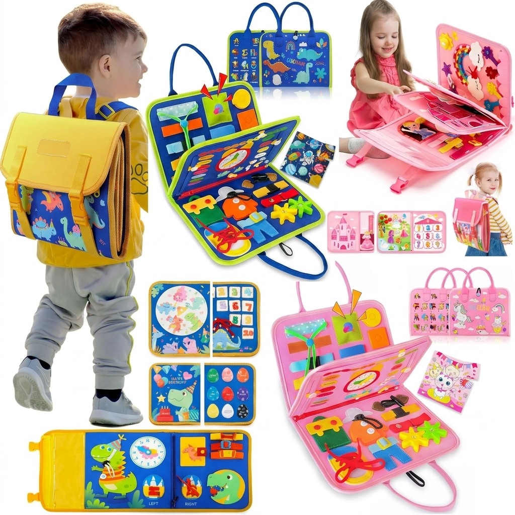 Montessori Dinosaur Busy Board - Sensory Learning Backpack Toy for Toddlers Life Skills Training and Educational Travel Activities