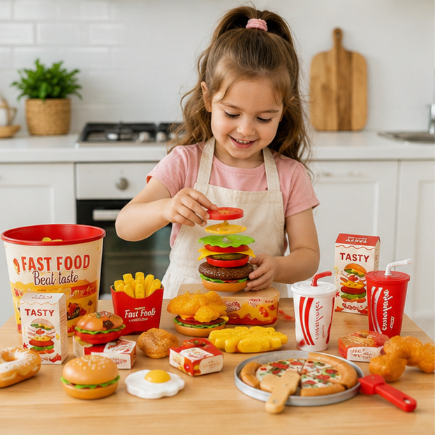Kids Kitchen Play Food Set - Pretend Cooking Toy with Burgers, Pizza and Interactive Montessori Learning Fun