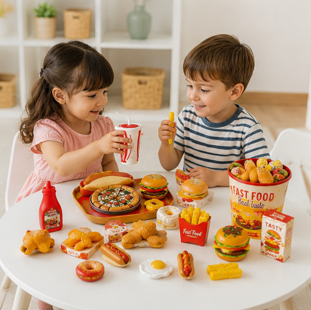 Kids Kitchen Play Food Set - Pretend Cooking Toy with Burgers, Pizza and Interactive Montessori Learning Fun