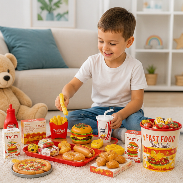 Kids Kitchen Play Food Set - Pretend Cooking Toy with Burgers, Pizza and Interactive Montessori Learning Fun