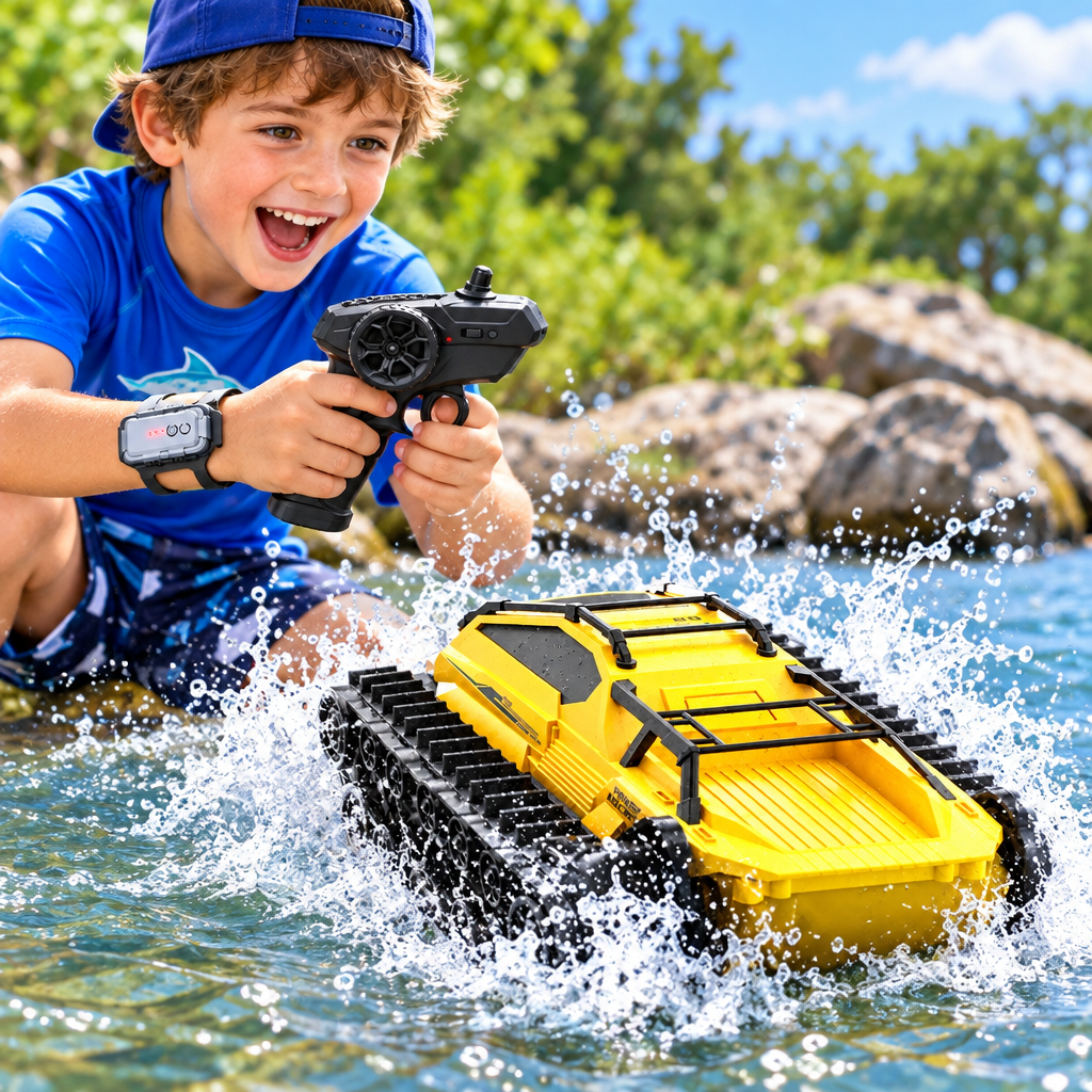 Amphibious RC Tank Truck – 2.4G  Waterproof Tracked All-Terrain Climbing Car for Kids, Off-Road Adventures, Outdoor Play and Exciting Gifts