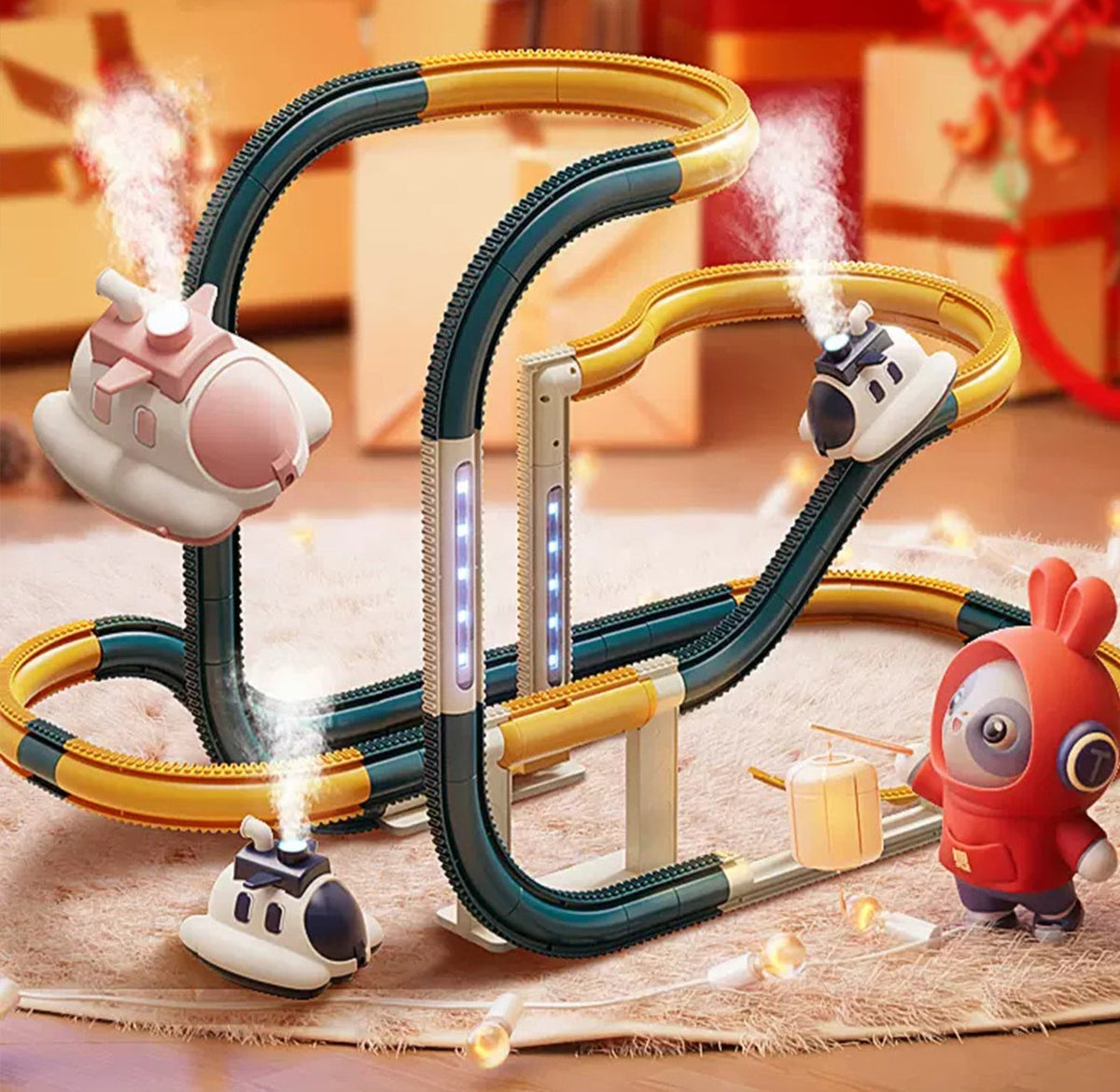 DIY Track Car Toy Set with Steam Effect- 30pcs Assembly Railway Track Kit, Interactive Educational Toy for Kids Family Playtime
