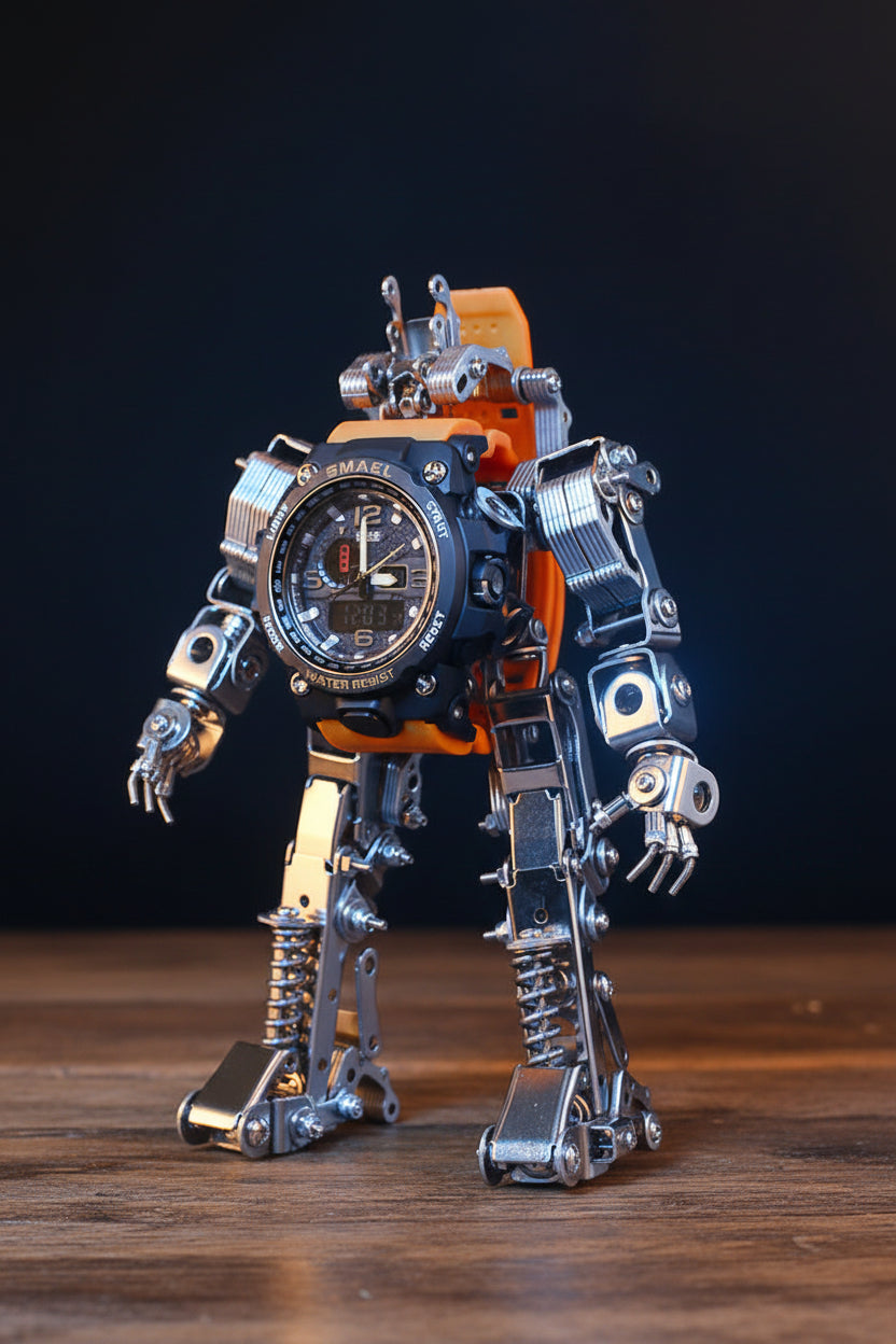 Mechanical Metal Watch Stand Model - 3D DIY Robot Building Kit for Creative Desktop Decoration and Unique Birthday Gift Display