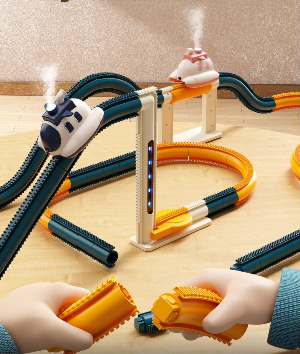 DIY Track Car Toy Set with Steam Effect- 30pcs Assembly Railway Track Kit, Interactive Educational Toy for Kids Family Playtime
