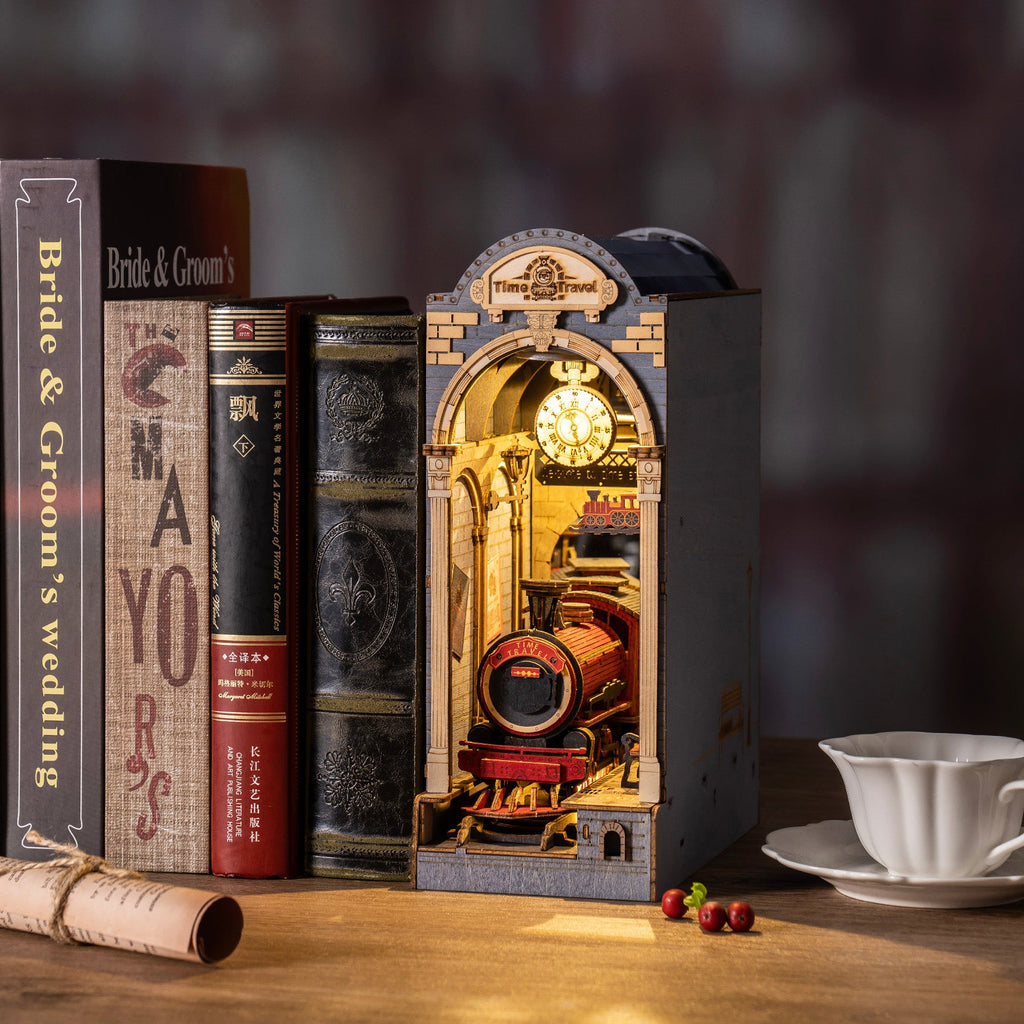DIY Wooden Book Nook Time Travel Kit – 3D Puzzle Bookshelf Insert Decor for Readers and Creative Collectors