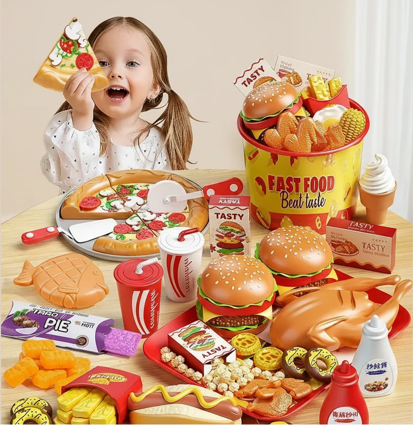 Kids Kitchen Play Food Set - Pretend Cooking Toy with Burgers, Pizza and Interactive Montessori Learning Fun