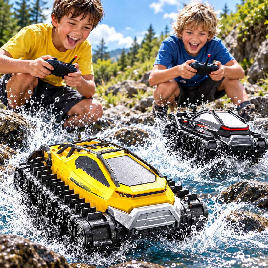 Amphibious RC Tank Truck – 2.4G  Waterproof Tracked All-Terrain Climbing Car for Kids, Off-Road Adventures, Outdoor Play and Exciting Gifts