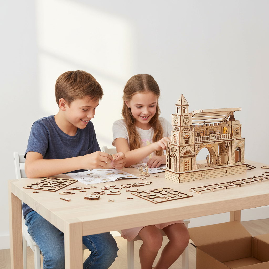 Railway Station Wooden Puzzle Kit- 3D DIY Construction Model Craft for Adults Kids, Unique Holiday Gift and Decorative Display