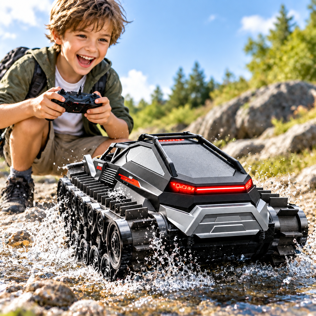 Amphibious RC Tank Truck – 2.4G  Waterproof Tracked All-Terrain Climbing Car for Kids, Off-Road Adventures, Outdoor Play and Exciting Gifts
