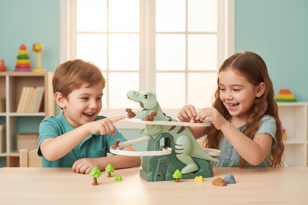 Dinosaur Climbing Slide Toy - Electric Music Puzzle Track Set with Mini Dinosaurs for Kids Christmas and Birthday Fun