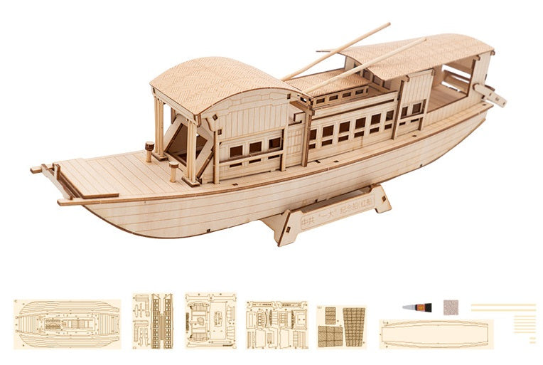 DIY South Lake Red Boat Wooden Puzzle – 3D Handmade Assembly Model Educational Toy Gift for Kids and Home Ornament Display