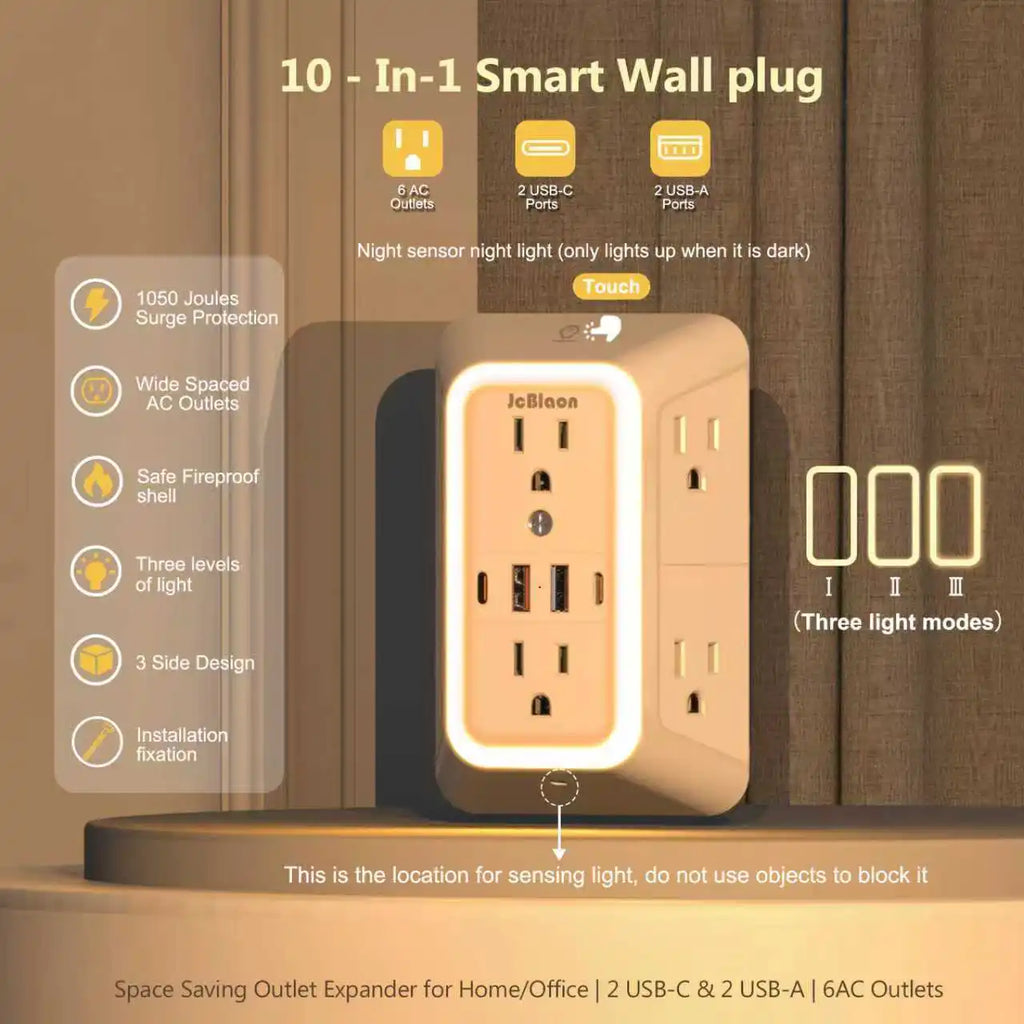 Outlet Extender with USB-C & Night Light