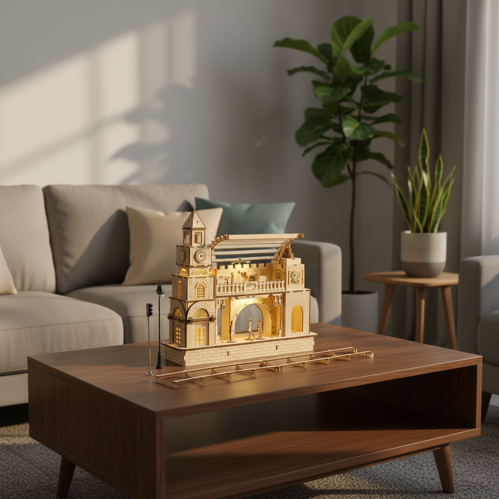 Railway Station Wooden Puzzle Kit- 3D DIY Construction Model Craft for Adults Kids, Unique Holiday Gift and Decorative Display