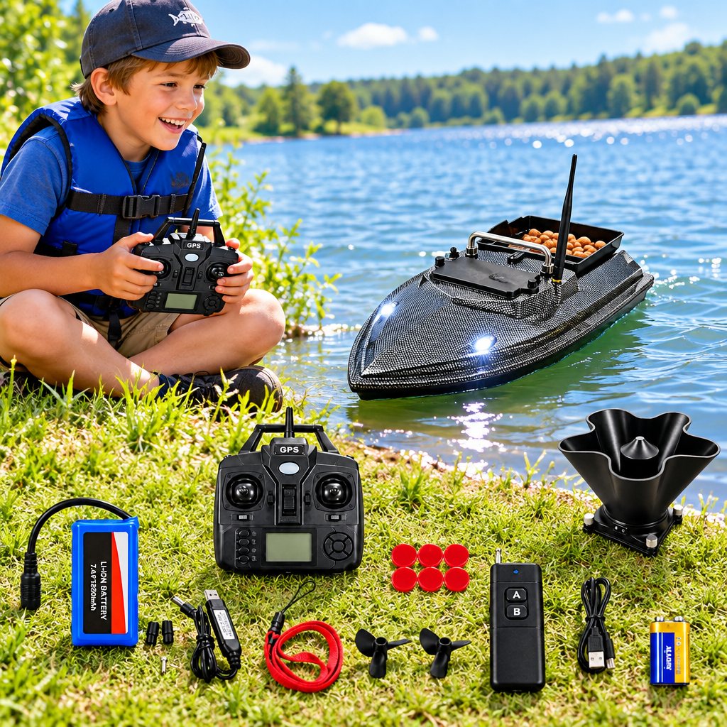 GPS RC Fishing Bait Boat – 360° Spreader with Dual Remote Controls, Saved Fishing Spots and One-Key Return for Convenient Bait Delivery