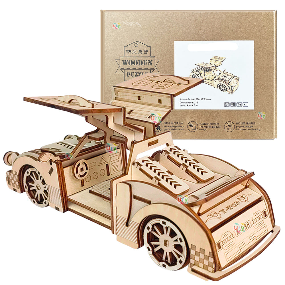 Wooden Vehicle Puzzle Set - 3D DIY Truck Sports Car Model Kit with Movable Parts, Educational Toy Gift for Kids and Adults
