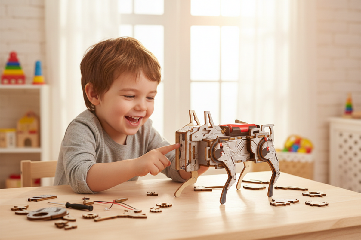Mechanical Dog STEM Kit - DIY Wooden Robot Toy with Voice Control, Educational Building Project for Kids Learning Science