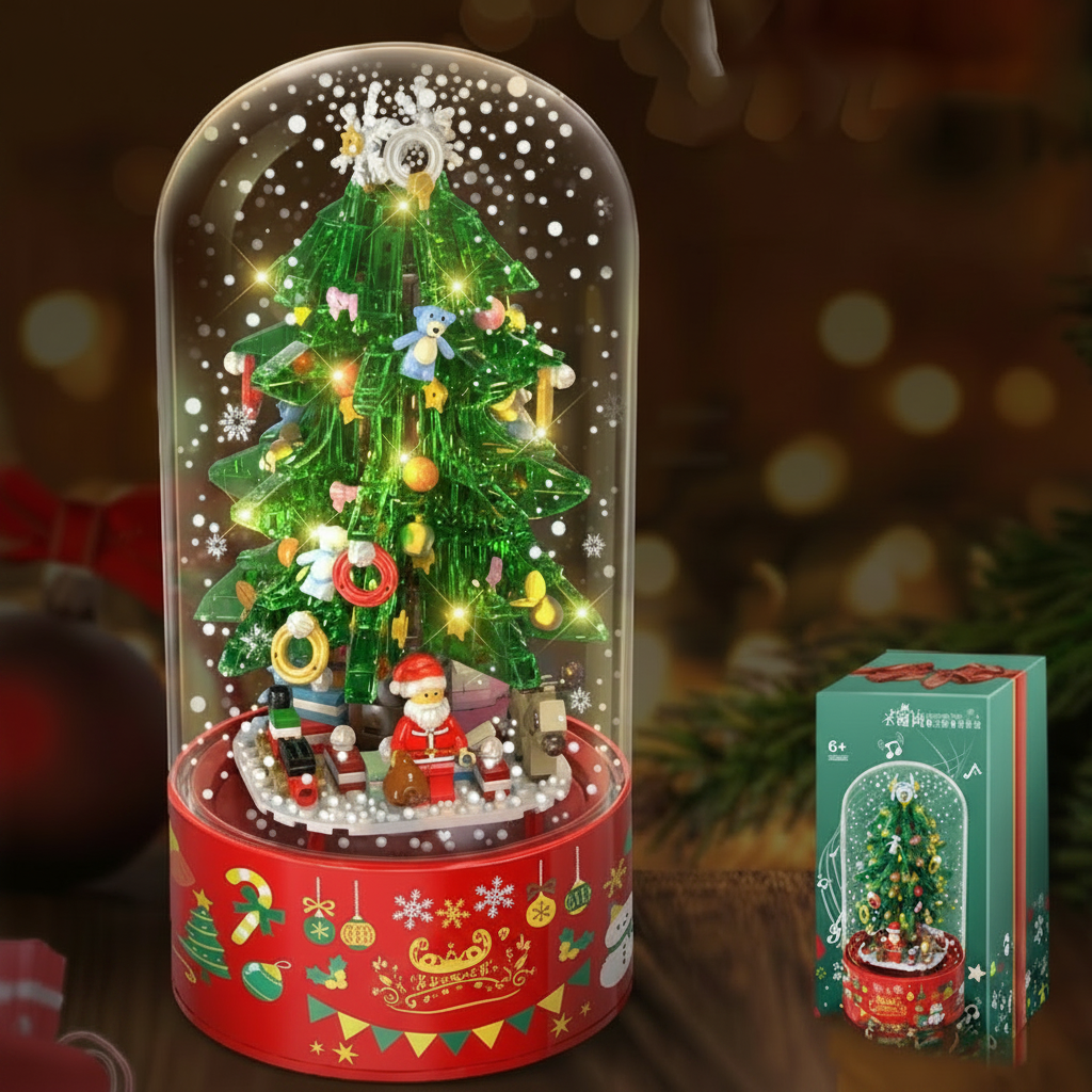Pink Christmas Tree Shop Building Blocks – Desktop Display Model with Dust Cover for Holiday Collectors and Creative Gifts