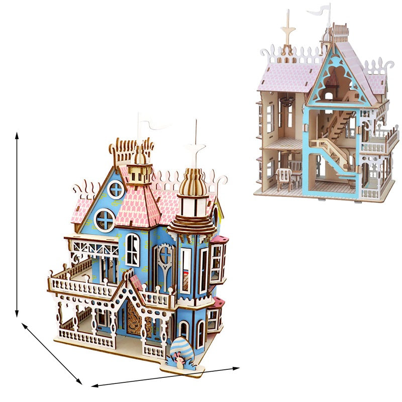 Miniature Villa Dollhouse 3D Puzzle – DIY Wooden Doll House Model with Furniture for Kids Pretend Play