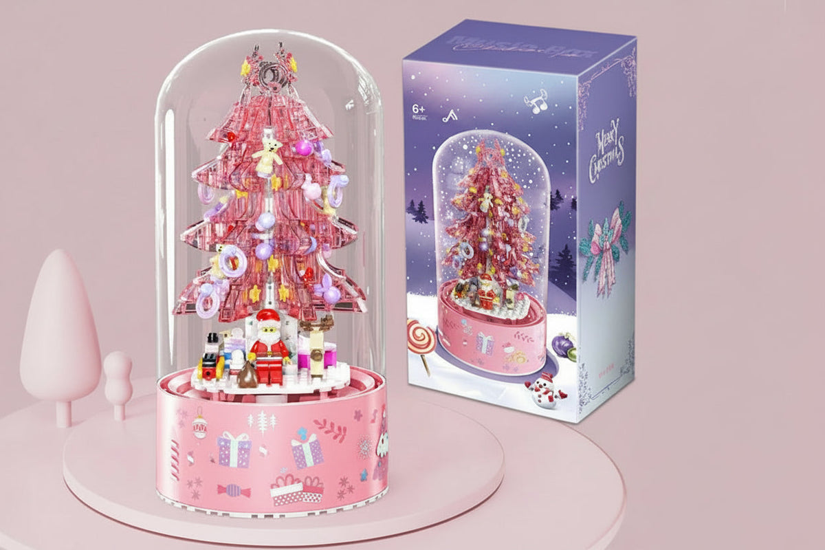 Pink Christmas Tree Shop Building Blocks – Desktop Display Model with Dust Cover for Holiday Collectors and Creative Gifts