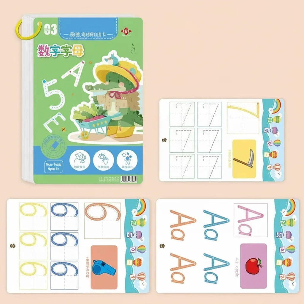 Reusable Kids Workbook Set – 36 Page Erasable Learning Book with Pens and Stickers for Early Writing Practice