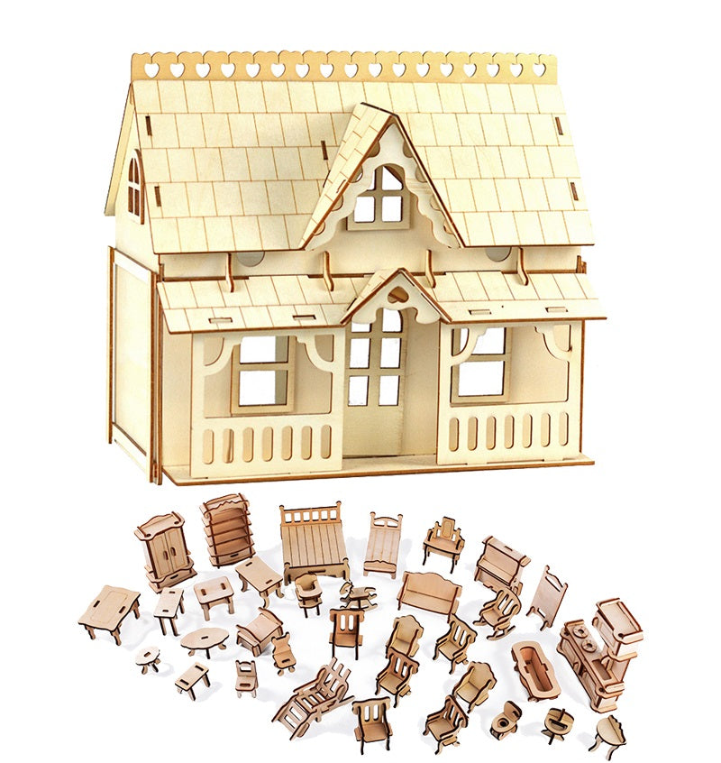 Wooden Miniature Dollhouse Puzzle – DIY Assembled 3D Doll House Model Kit for Girls and Creative Play