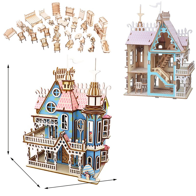 Miniature Villa Dollhouse 3D Puzzle – DIY Wooden Doll House Model with Furniture for Kids Pretend Play