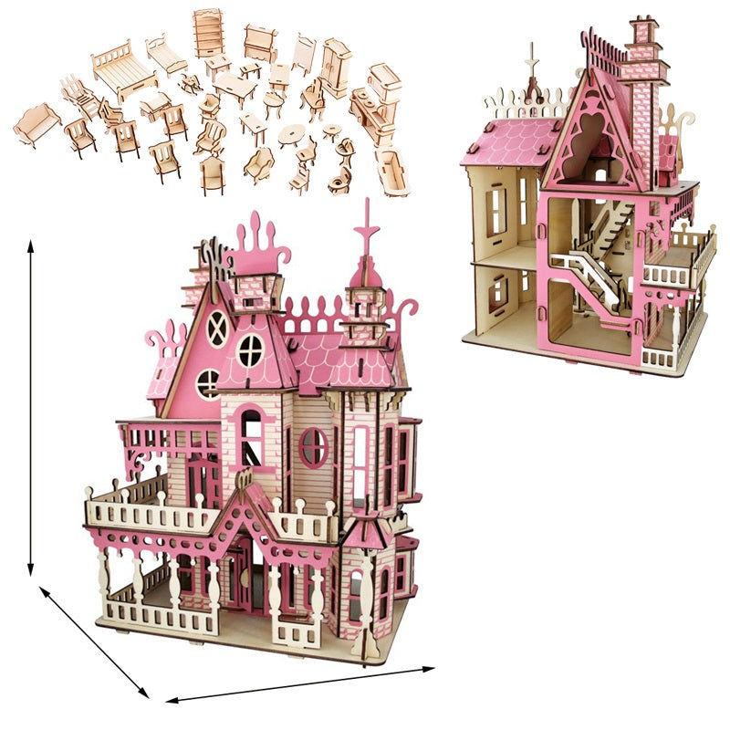 Miniature Villa Dollhouse 3D Puzzle – DIY Wooden Doll House Model with Furniture for Kids Pretend Play