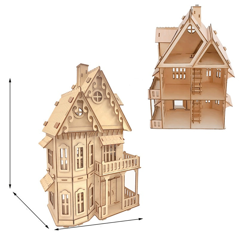 Miniature Villa Dollhouse 3D Puzzle – DIY Wooden Doll House Model with Furniture for Kids Pretend Play