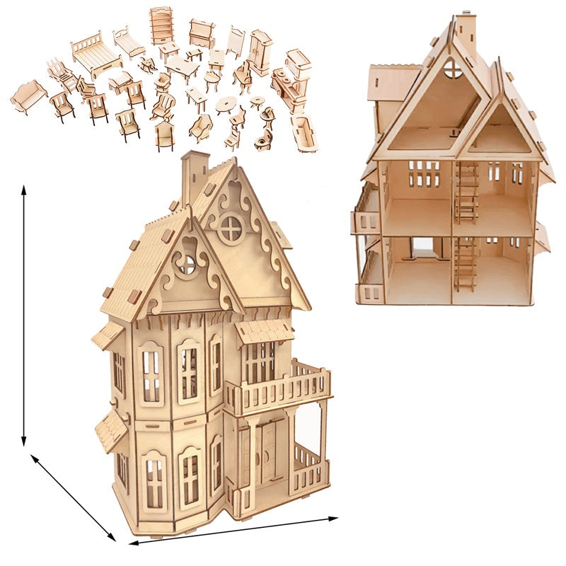 Miniature Villa Dollhouse 3D Puzzle – DIY Wooden Doll House Model with Furniture for Kids Pretend Play