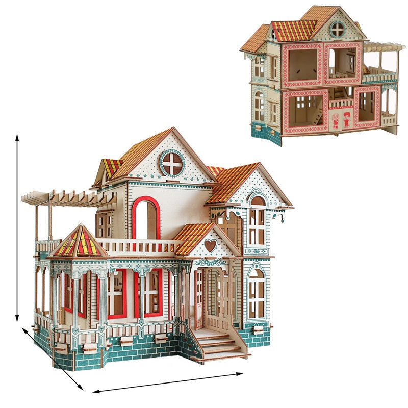 Miniature Villa Dollhouse 3D Puzzle – DIY Wooden Doll House Model with Furniture for Kids Pretend Play
