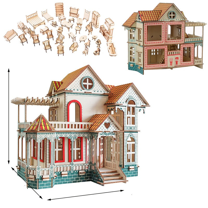 Miniature Villa Dollhouse 3D Puzzle – DIY Wooden Doll House Model with Furniture for Kids Pretend Play