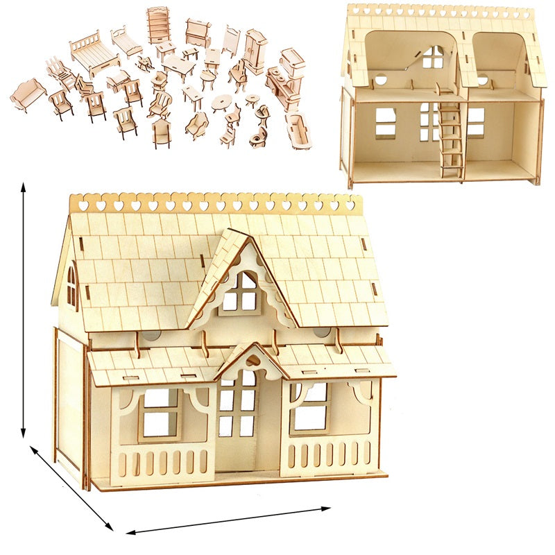 Miniature Villa Dollhouse 3D Puzzle – DIY Wooden Doll House Model with Furniture for Kids Pretend Play