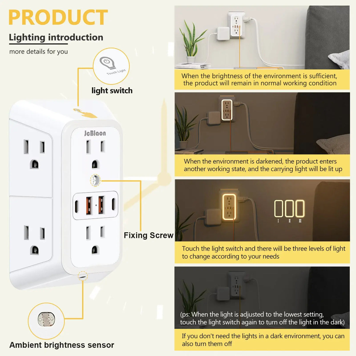 Outlet Extender with USB-C & Night Light