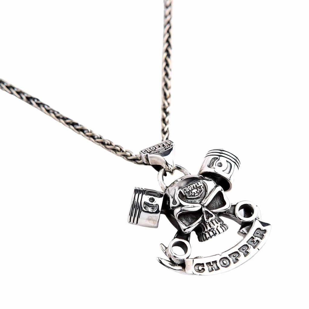 V-Twin Engine Pendant with Skull & Wrench — .925 Sterling Silver