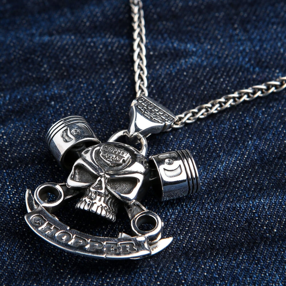 V-Twin Engine Pendant with Skull & Wrench — .925 Sterling Silver
