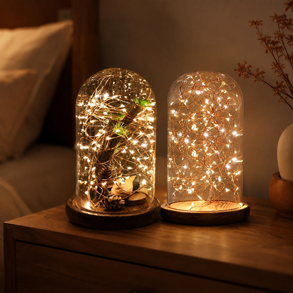 Christmas Cylinder Glass Dome Display with Wooden Base