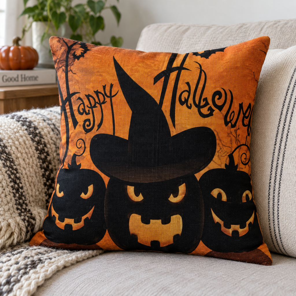 Halloween Pumpkin and Witch Printed Pillow Cases
