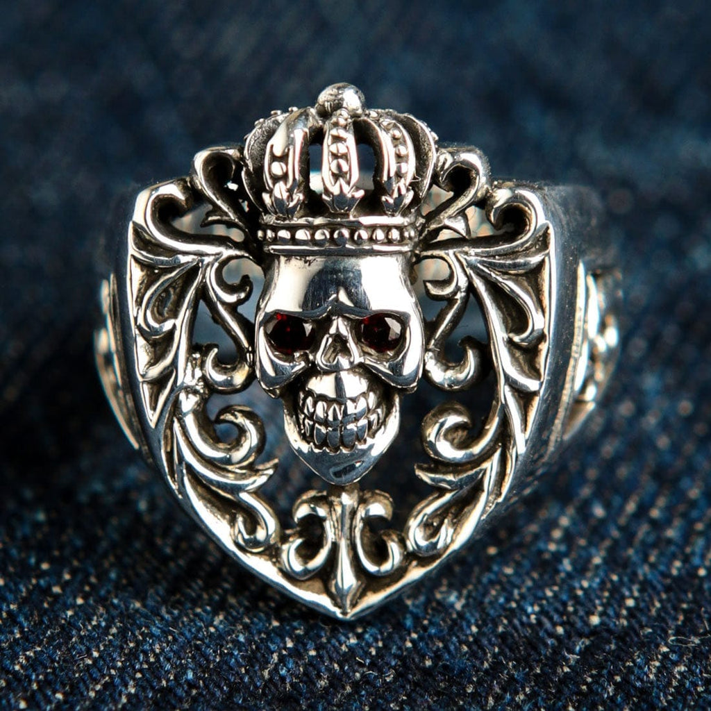 Crown Sterling Silver Skull Ring with Red Garnet Eyes