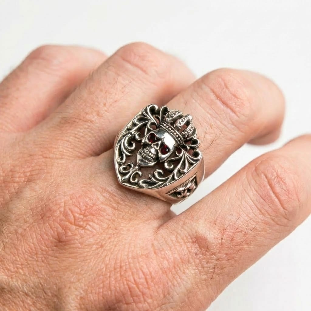 Crown Sterling Silver Skull Ring with Red Garnet Eyes