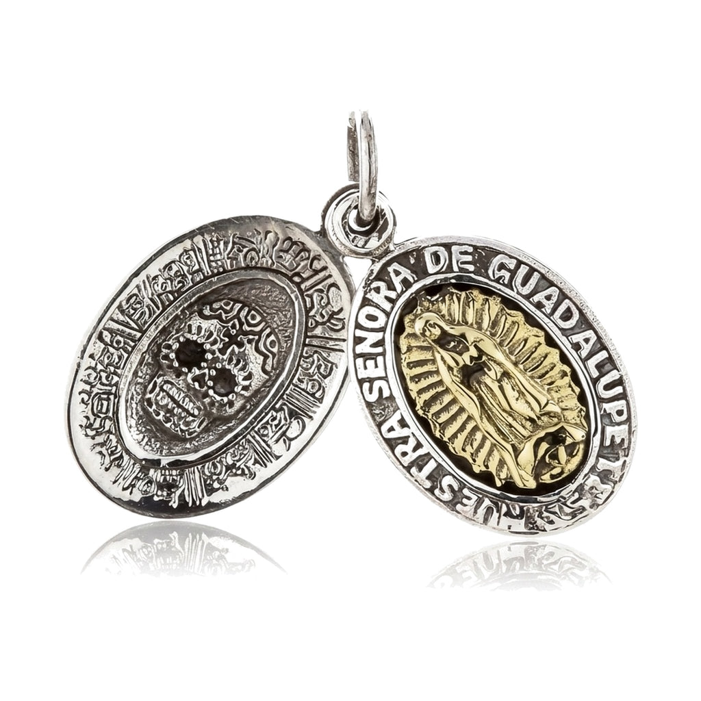 Guadalupe & Sugar Skull Double Medal Pendant — .925 Silver & Brass