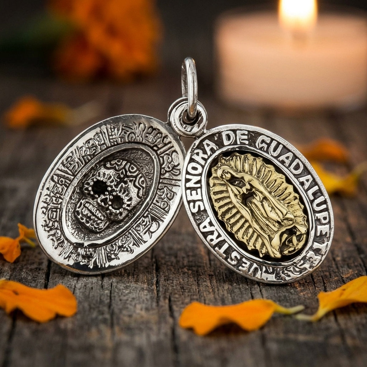Guadalupe & Sugar Skull Double Medal Pendant — .925 Silver & Brass