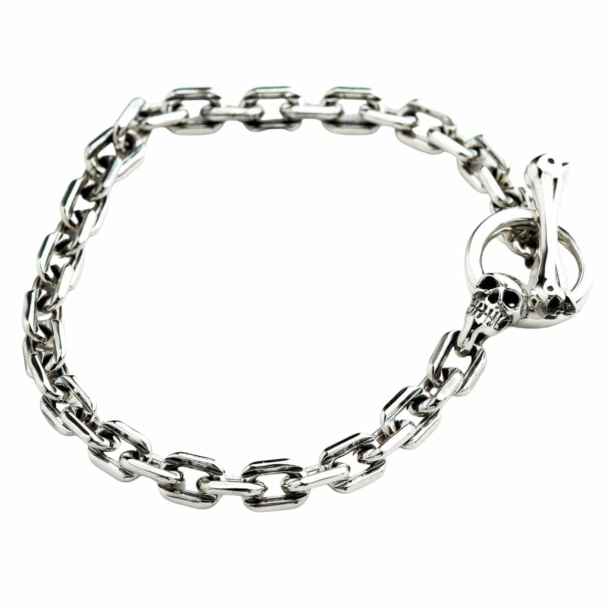 Skull T-Bar Curb Link Bracelet — .925 Sterling Silver 6mm Chain