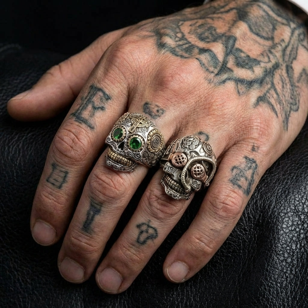 Steampunk Skull Ring — Tri-Metal Sterling Silver with Copper & Brass
