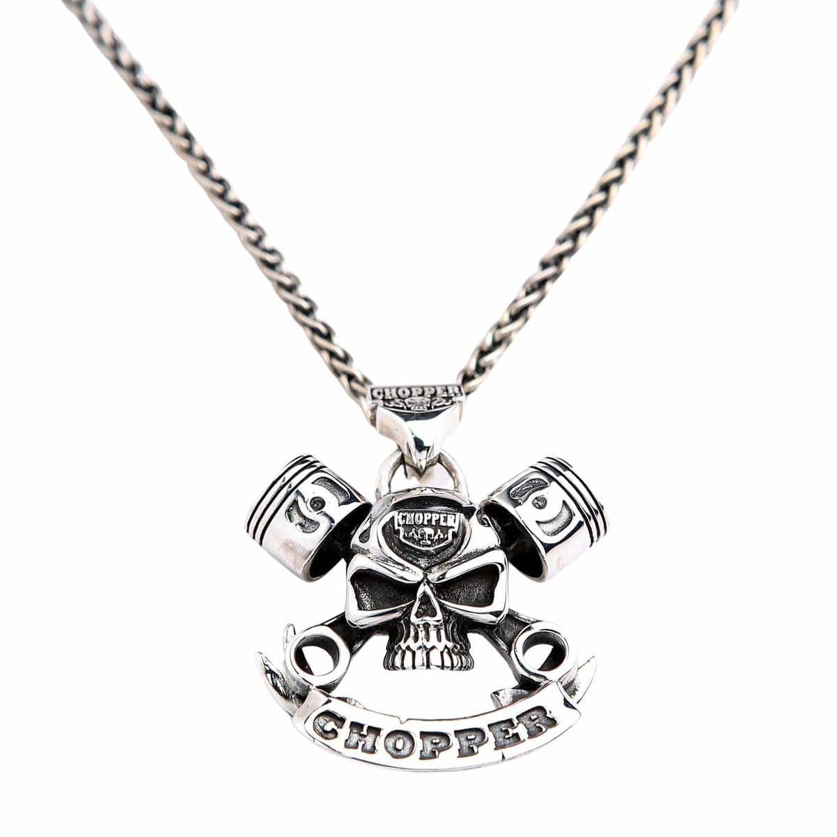 V-Twin Engine Pendant with Skull & Wrench — .925 Sterling Silver